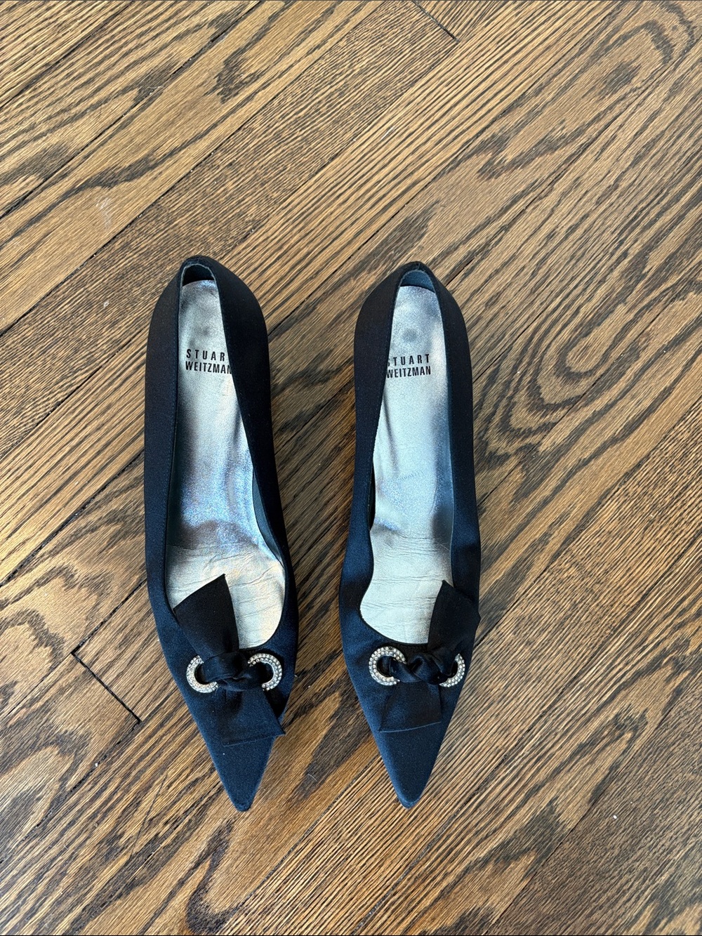 Stuart Weitzman Black Pointed Toe Bow Flats with Crystal Ring